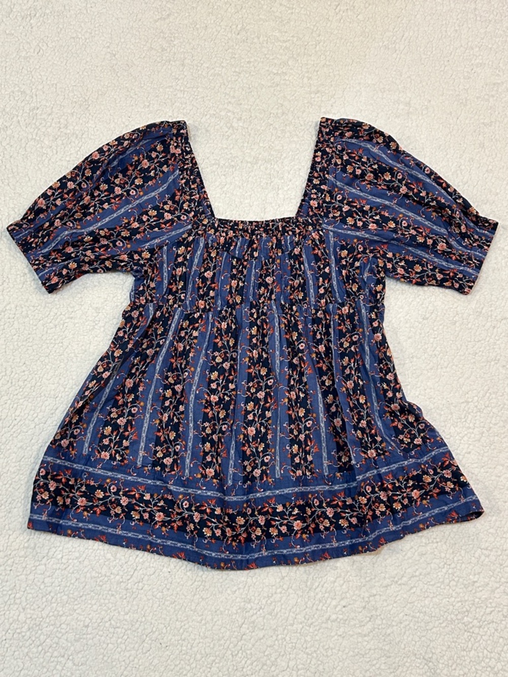 Free People Vintage Lover Blouse Small Dutch Blue Combo Floral Print Puff Sleeve